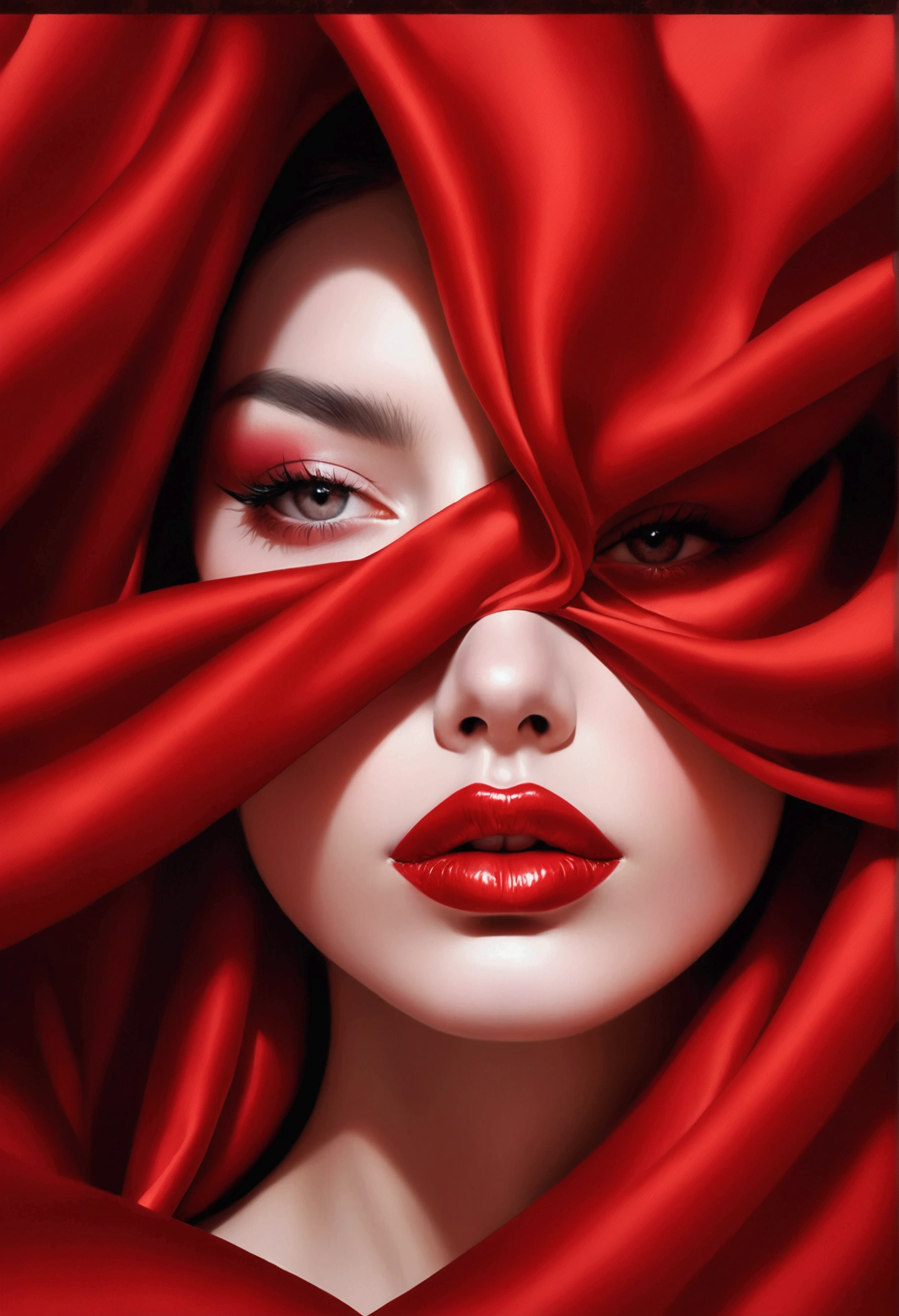 beautiful woman with her eyes covered in red silk, photographed in the style of fashion photographer Hedi Slimane. The background is an abstract composition made entirely of red fabric. Her lips have glossy lipstick on them. --ar 3:4 --s 1000