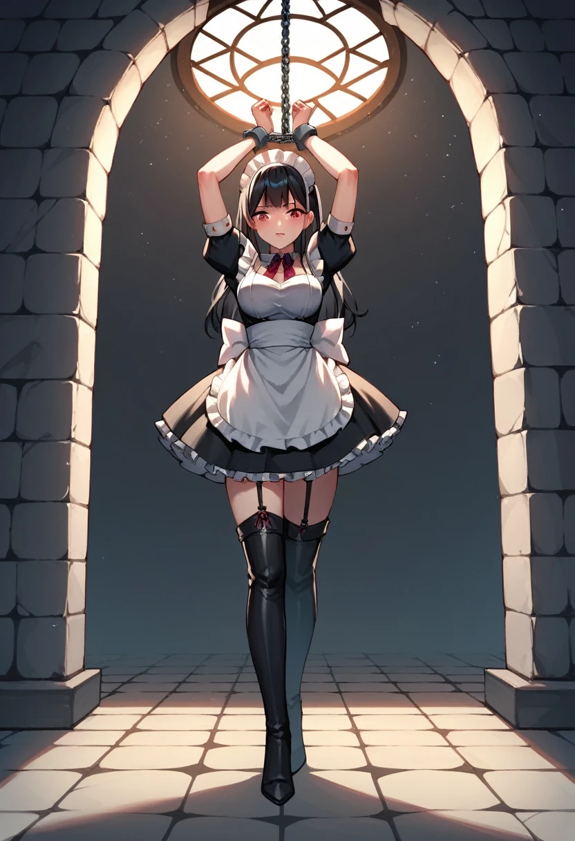 score_9, score_8_up, score_7_up, score_6_up, score_5_up, score_4_up, source_anime, 1girl, black hair, red eyes, w-w-chain, shackles, Hang a girl up, raise arms, On the ceiling, long hair, maid's outfit, black thigh high boots, heels, night, windows, dungeon, best quality, best res, 4K UHD,
 