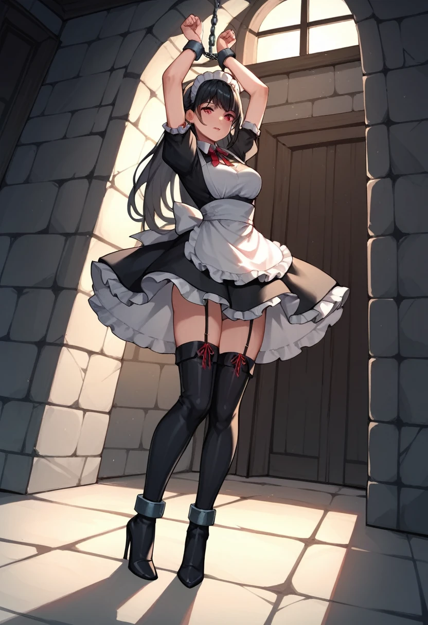 score_9, score_8_up, score_7_up, score_6_up, score_5_up, score_4_up, source_anime, 1girl, black hair, red eyes, w-w-chain, shackles, Hang a girl up, raise arms, On the ceiling, long hair, maid's outfit, black thigh high boots, heels, night, windows, dungeon, best quality, best res, 4K UHD,