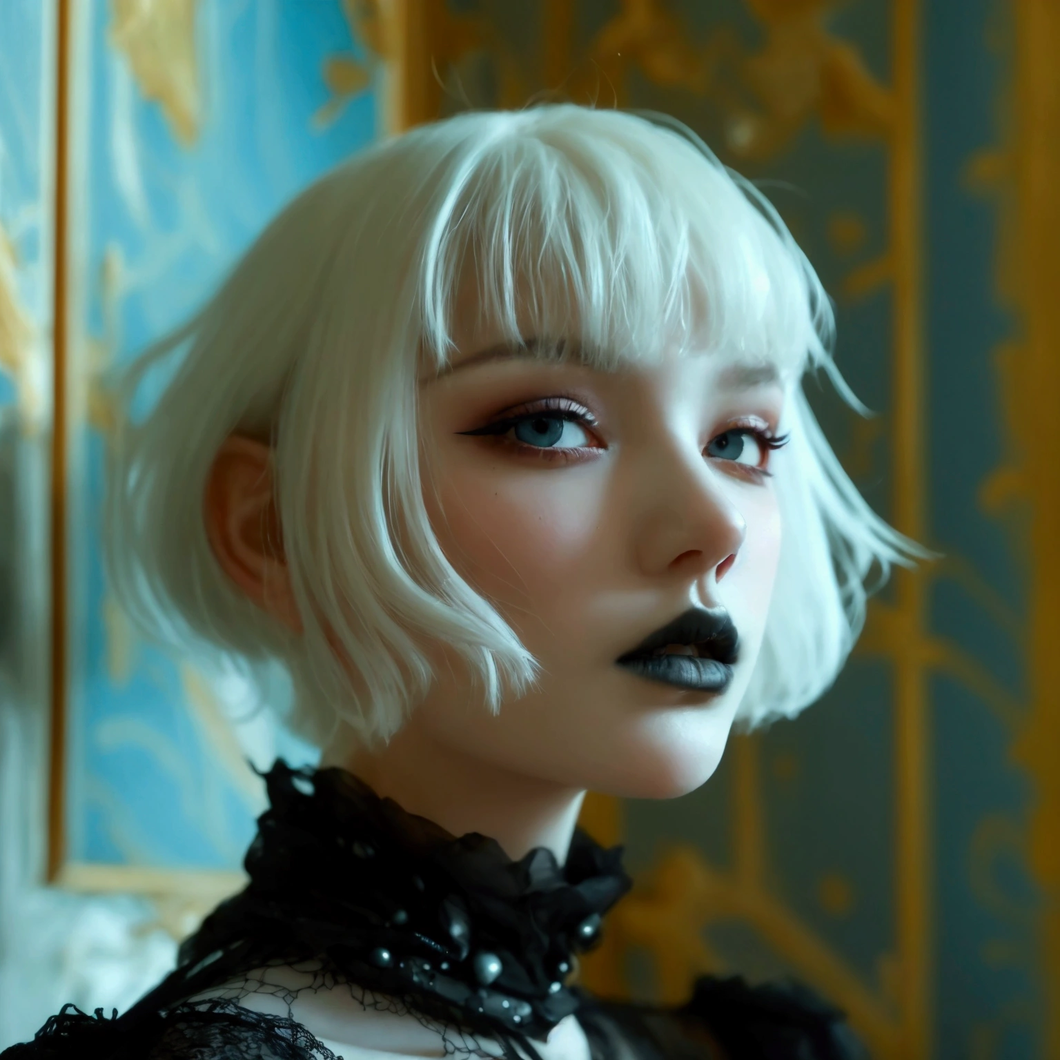((Master piece, very realistic, best quality, highly detailed, Frontal view, DELICATE, PORTRAIT, WOMAN 36yo, AESTHETIC)) shallow depth of field, realism, photography, good proportions, narrow depth of field, tilt shift look, bokeh, anamorphic look, cinematic, dark and moody, ((a pale white complexion MODE with short WHITE color hair and bangs and smokey eye makeup, BLACK lips)), wearing black fashion designed by Rick Owens, a dark photograph by Tim Walker and Tom Hoops and Matt Mahurin, a dark liminal space, a desolate seedy hotel room with peeling wallpaper and black painted walls, symbolism, primordial fluids, uneasy feeling, dark occult imagery, melancholic ((very aesthetic)), her massive breasts (1.4) and deep cleavage (1.2)
