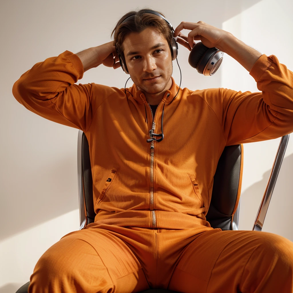 A detailed image of a man dressed in an orange suit, sitting in a chair with headphones on and hands behind his head, relaxed. White background, high art, relaxed and happy sitting, popular photo, trending artist, in a cool position, highly focused, background focus.