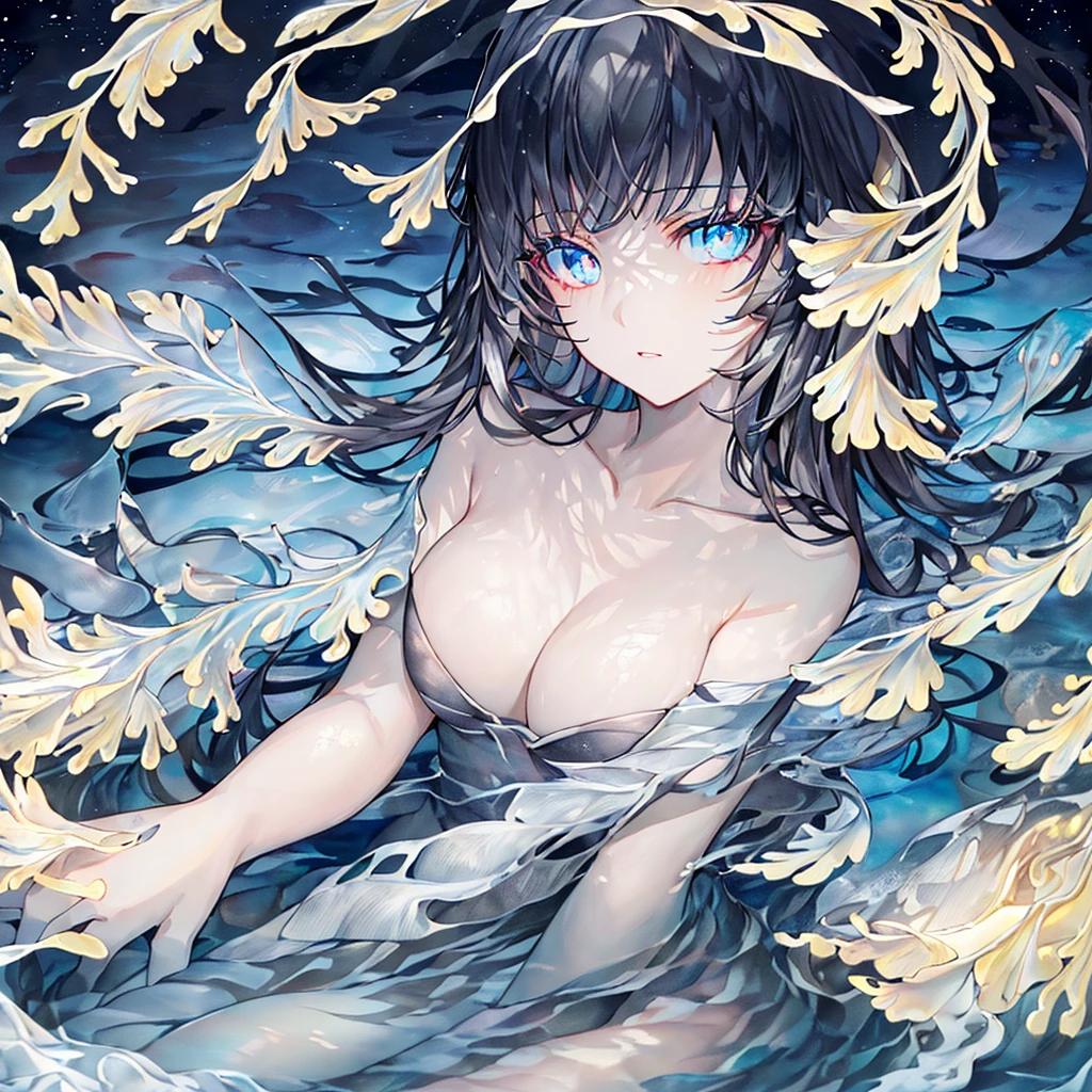 (masterpiece,best quality,ultra-detailed),1girl, black hair,beautiful and detailed face, detailed eyes,looking at viewer, multicolored eyes,((grey theme),pale skin, glowing eyes ,in the sea,((night)),dark ambient,(underwater),(aquarelle) большая грудь
