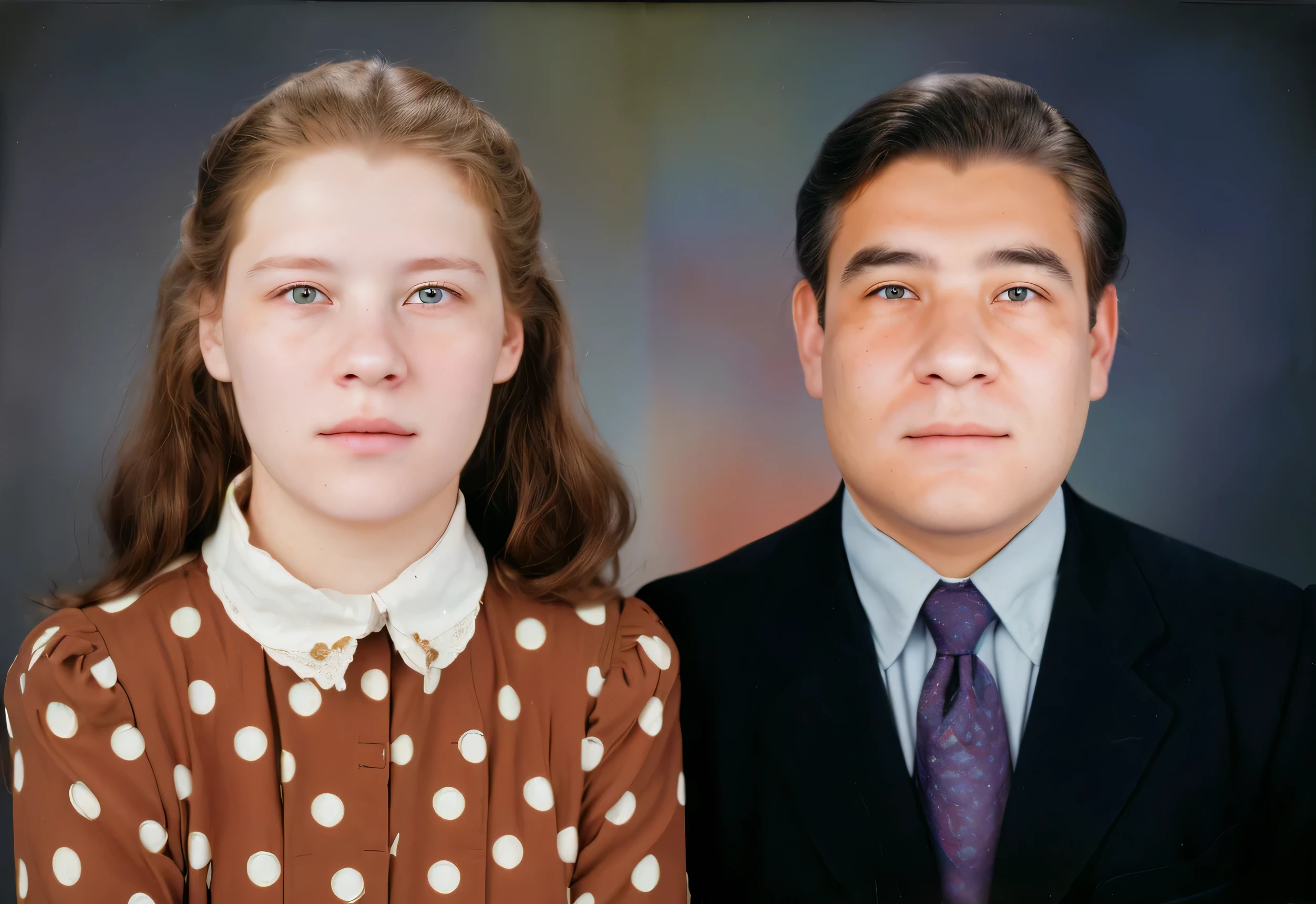 There are two people posing together for a photo., portrait of two people, a colored photo, color studio portrait, color portrait, colored photo, 1998 photo, restored photo, couple portrait, alexandra fomina, colored photograph, colored background, realistic old photo, restored color, colored photo, retouched, retouched face, Azamat Jharov 8k