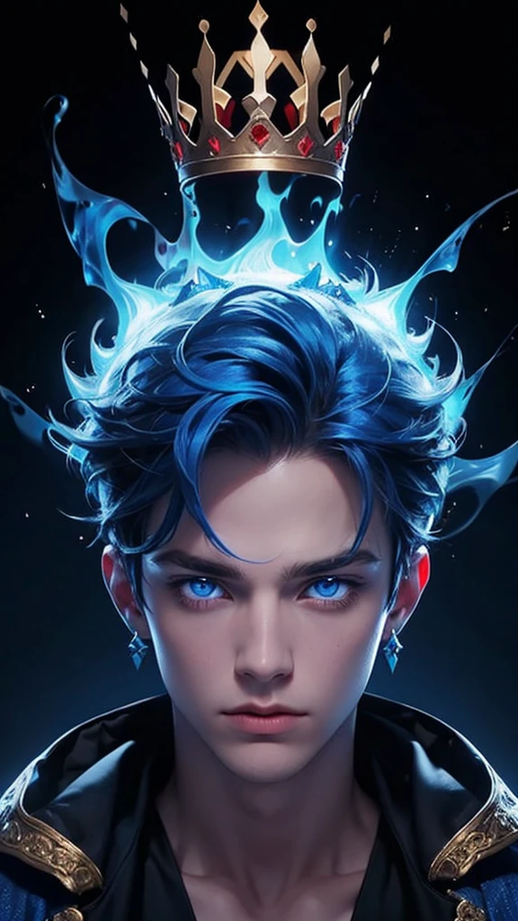 a man wearing a crown on his head and blue fire around him, 1boy, male focus, solo, crown, portrait, blue eyes, red hair, looking at viewer, realistic, black background, blue fire