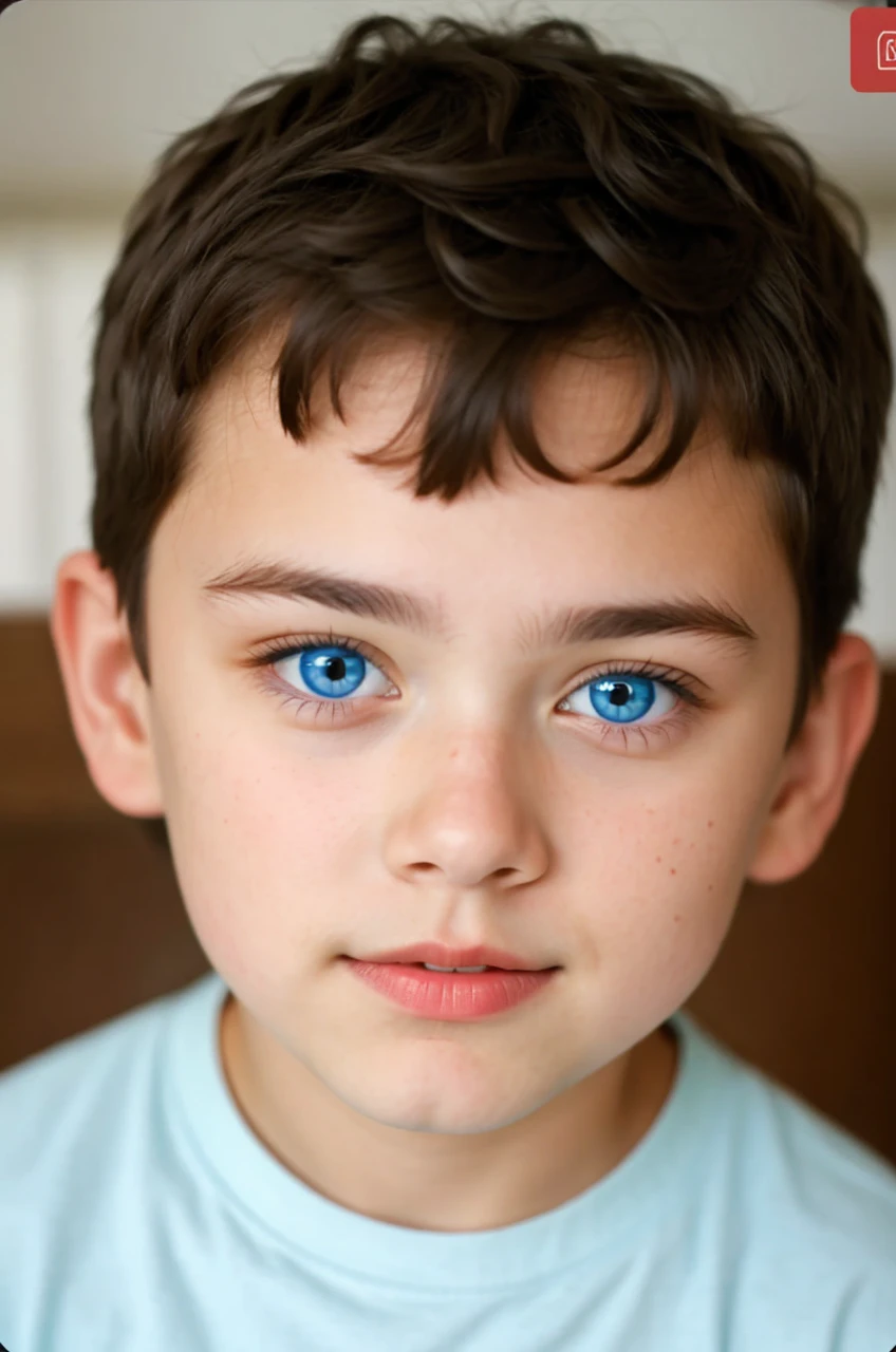 Give him striking light blue eyes
