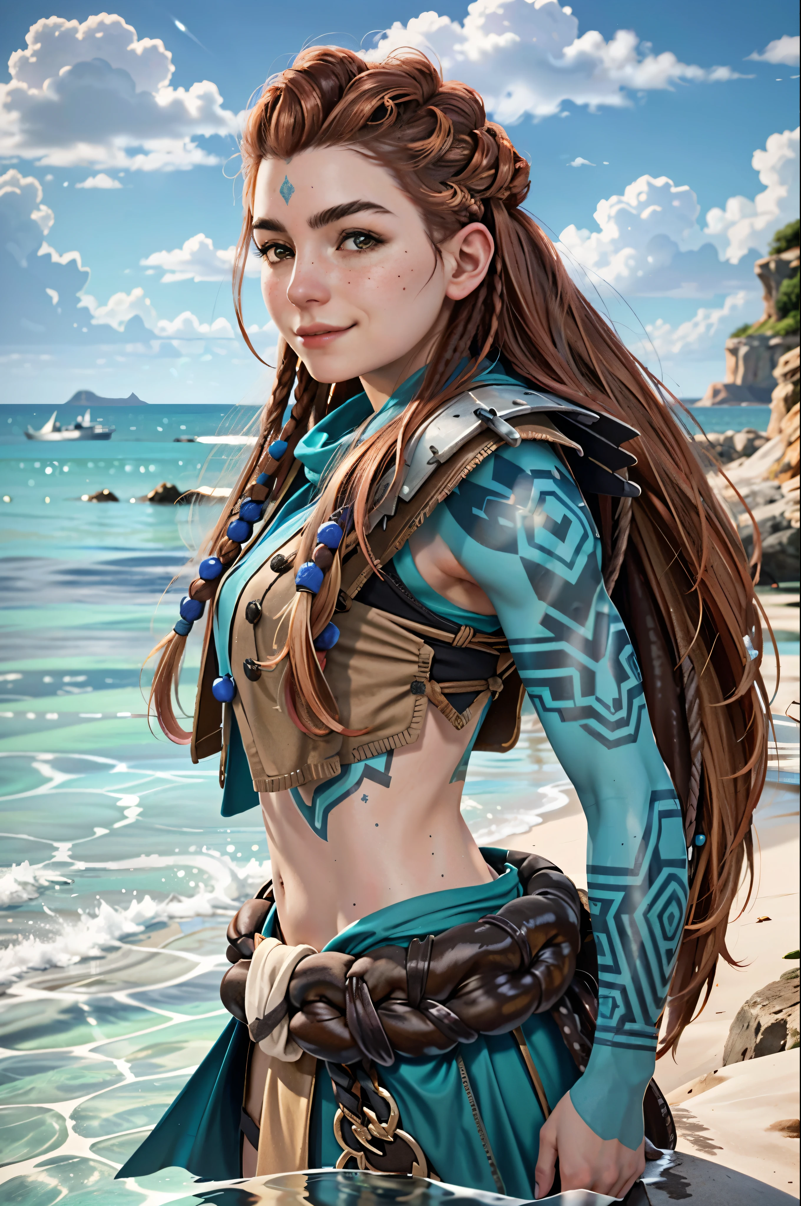 (masterpiece, best quality)
1girl, AloyHorizon, solo, long hair, smile, brown hair, hair ornament, navel, brown eyes, weapon, braid, outdoors, parted lips, sky, day, midriff, sword, cloud, red hair, water, from behind, armor, blue sky, lips, looking to the side, tattoo, ocean, looking away, thick eyebrows, shoulder armor, sheath, rope, freckles, hand in own hair, rock, realistic, nose, dreadlocks
