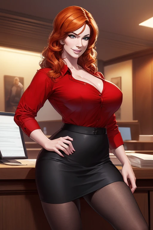 (masterpiece:1.2), (best quality), (ultra detailed), (Cowboy-shot:1.2), (highly detailed:1.2),(detailed face:1.2), (full body portrait:1.2), (dynamic pose:1.2), (rule of third_composition:1.3), (Line of action:1.2), Christina Hendricks, 48 year old woman, MILF, Mature Face, seductive pose, business women, Office clothing, Business clothing, (Wearing: Red Blouse, tight black pencil skirt, black pantyhose, black high-heels), huge bust, looking at the camera with an flirtatious and amused smile