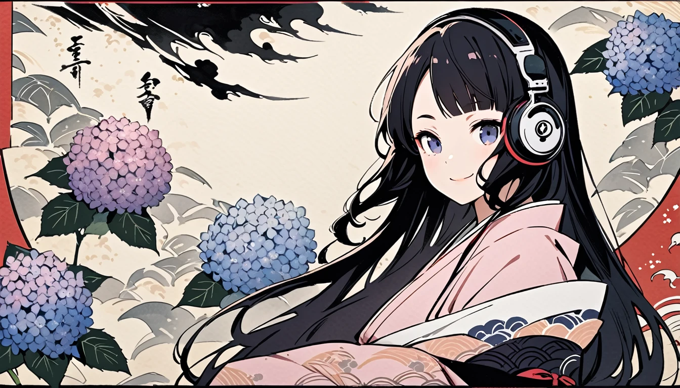 Highest quality, Katsushika Hokusai, Ink Painting, (((very straight longhair))), (((hydrangea))), (((Pale pink kimono))), (((smile))), Japanese style headphones, beautiful girl, Black Hair, Delicate and precise, Modern ukiyo-e style