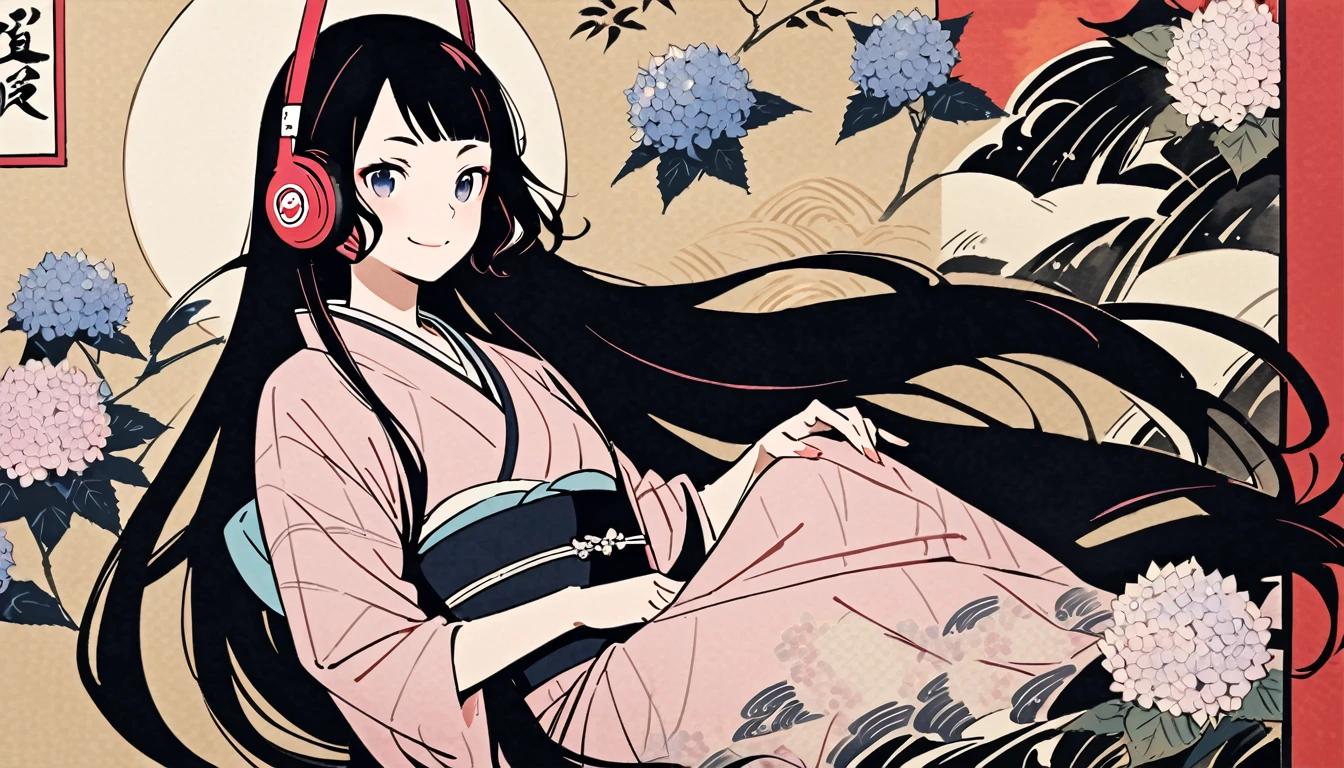 Highest quality, Katsushika Hokusai, Ink Painting, (((very straight longhair))), (((hydrangea))), (((Pale pink kimono))), (((smile))), Japanese style headphones, beautiful girl, Black Hair, Delicate and precise, Modern ukiyo-e style