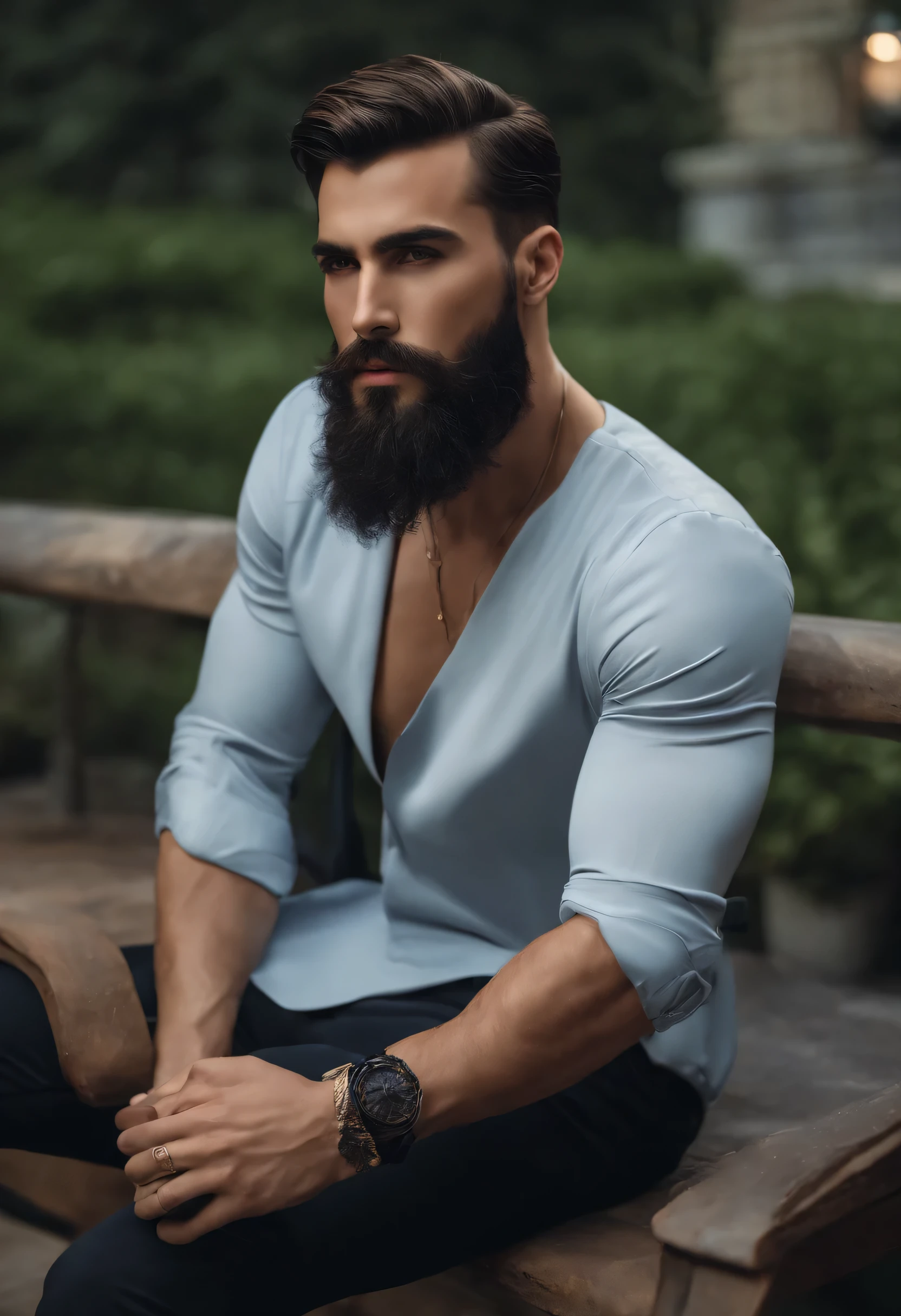 Cyberpunk (Man in Elegant Clothes), ), (avec une longue barbe pleine,) (yeux bleus) (demi-corps) Attractive and serious appearance, Multicolored dark hair, Elegant and elegant, et t-shirt fort, assis dans un fauteil, (Realistic and high-quality image), ((the best quality, 8k, шедевр).