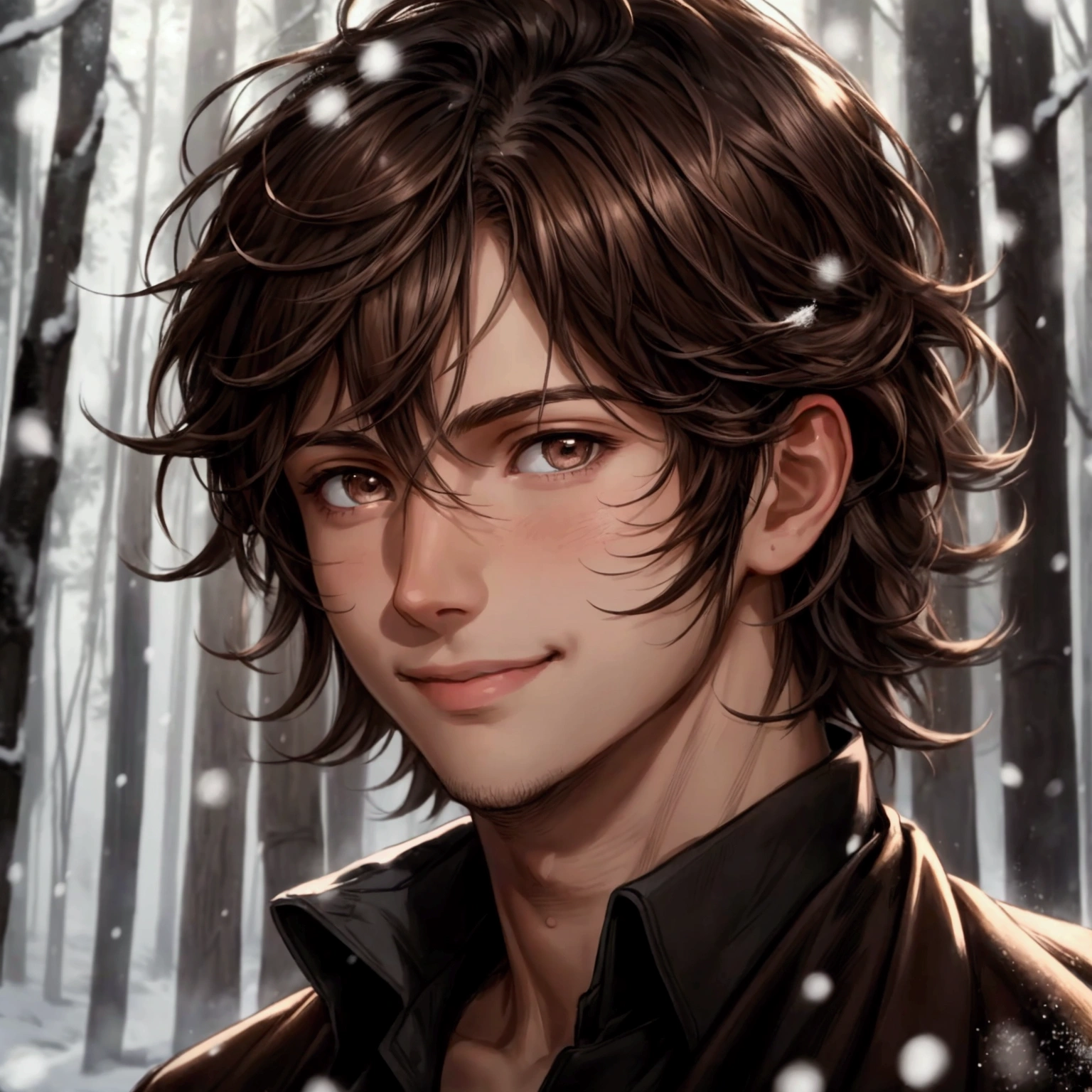 portrait, handsome boy , brown hair , looking to camera , smiling , messy hair , wide eyes , smooth skin , in the forest , snowing , focus on face , super detailed , brown eyes , high quality , high details , high definition , masterpiece , High quality texture, beautiful dark lighting , anime