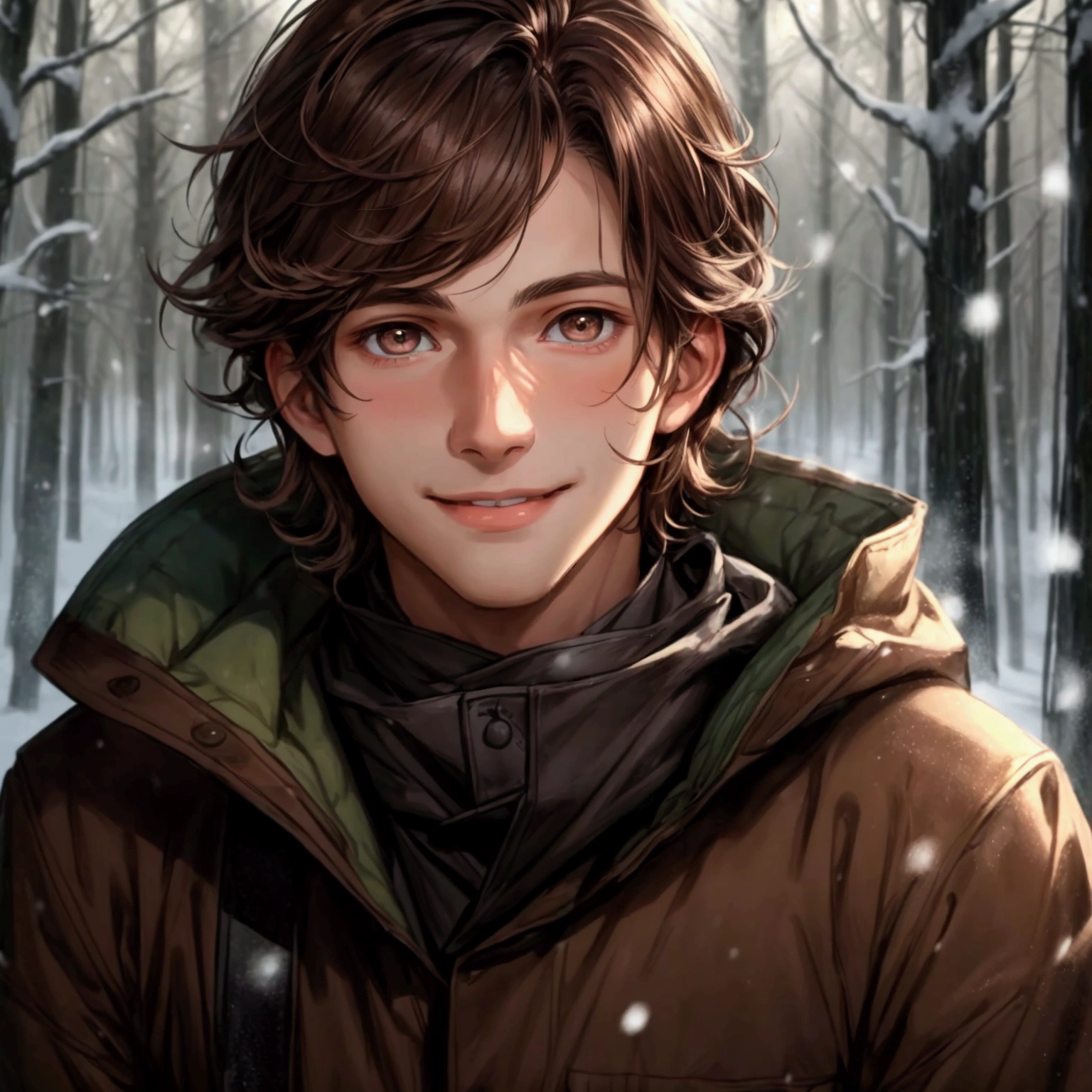 portrait, handsome boy , brown hair , looking to camera , smiling , messy hair , wide eyes , smooth skin , in the forest , snowing , focus on face , super detailed , brown eyes , high quality , high details , high definition , masterpiece , High quality texture, beautiful dark lighting , anime