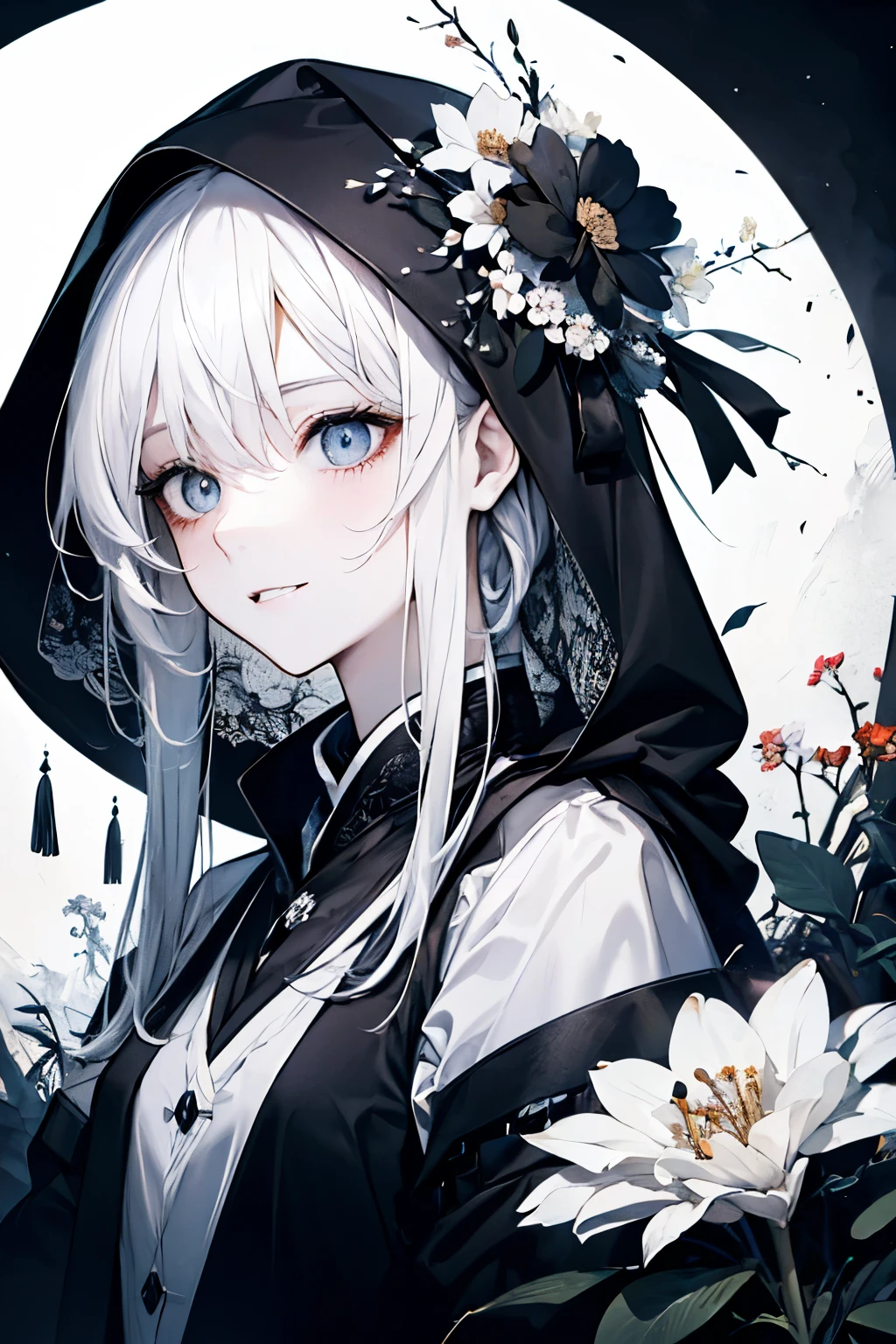 solo,1male\(cute,kawaii,hair color white,messy hair,eye color dark,big eyes,white skin,Hanfu fashion,big smile,enjoy,wearing Grim Reaper's black Robe,black hood,holding scythe,skip,flower hair ornament,white hair,(body transparent:0.5)\),background\((black sky:1.5),skulls at ground,withered flowers all over the ground,a thick red water\), BREAK ,quality\(8k,wallpaper of extremely detailed CG unit, ​masterpiece,high resolution,top-quality,top-quality real texture skin,hyper realisitic,increase the resolution,RAW photos,best qualtiy,highly detailed,the wallpaper\)