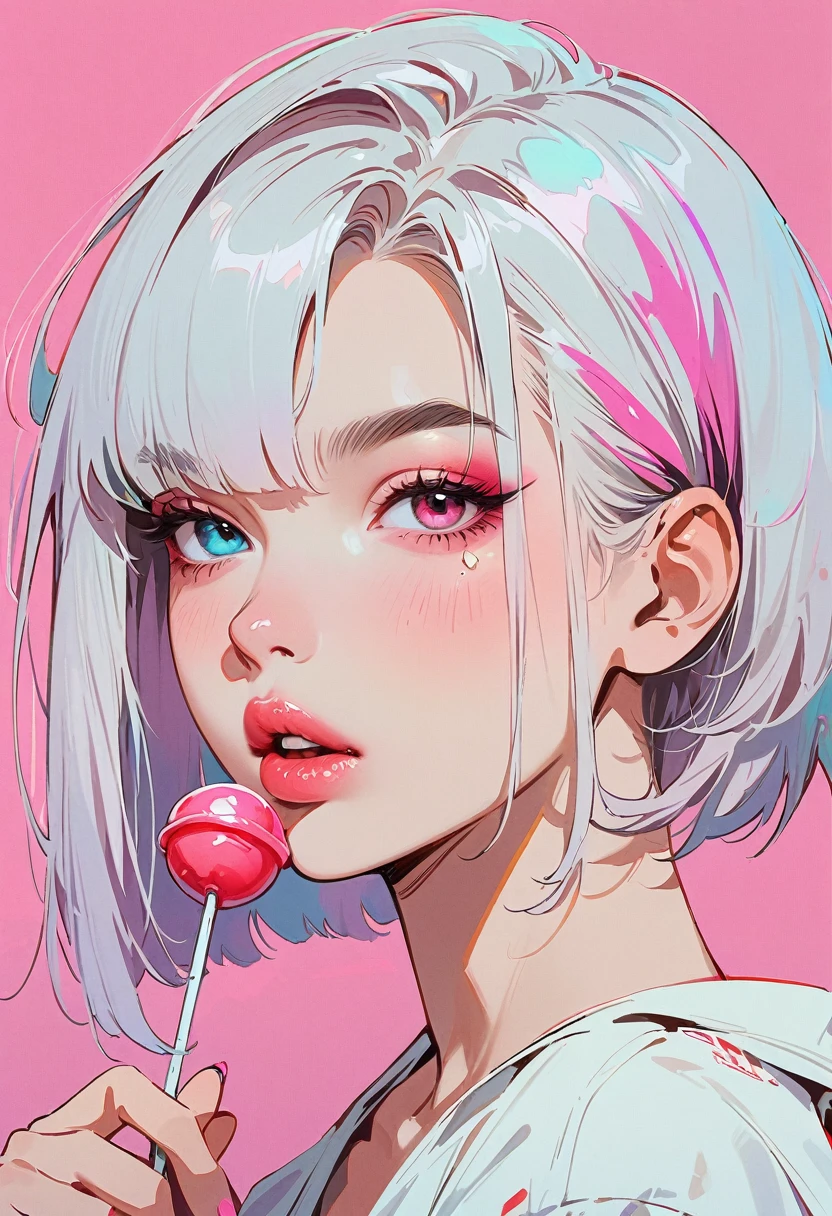 (masterpiece, best quality:1.2), 1 girl, 独奏, Anime style, Heterochromia, Eating a lollipop, lips pink, Cyberpunk style makeup, Asymmetrical short hair, Asymmetrical short hairstyle, Long bangs on one side, Purple and pink background.
