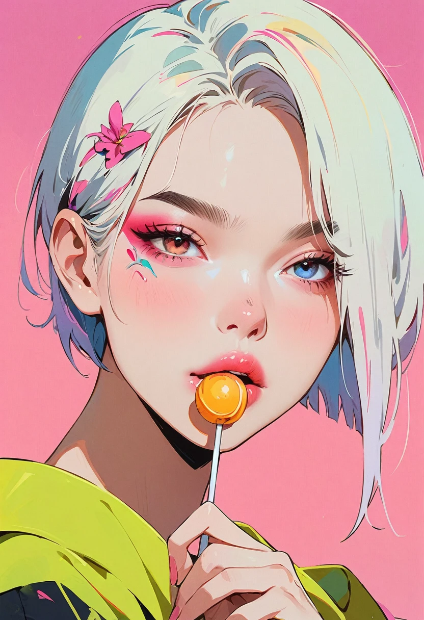 (masterpiece, best quality:1.2), 1 girl, 独奏, Anime style, Heterochromia, Eating a lollipop, lips pink, Cyberpunk style makeup, Asymmetrical short hair, Asymmetrical short hairstyle, Long bangs on one side, Purple and pink background.