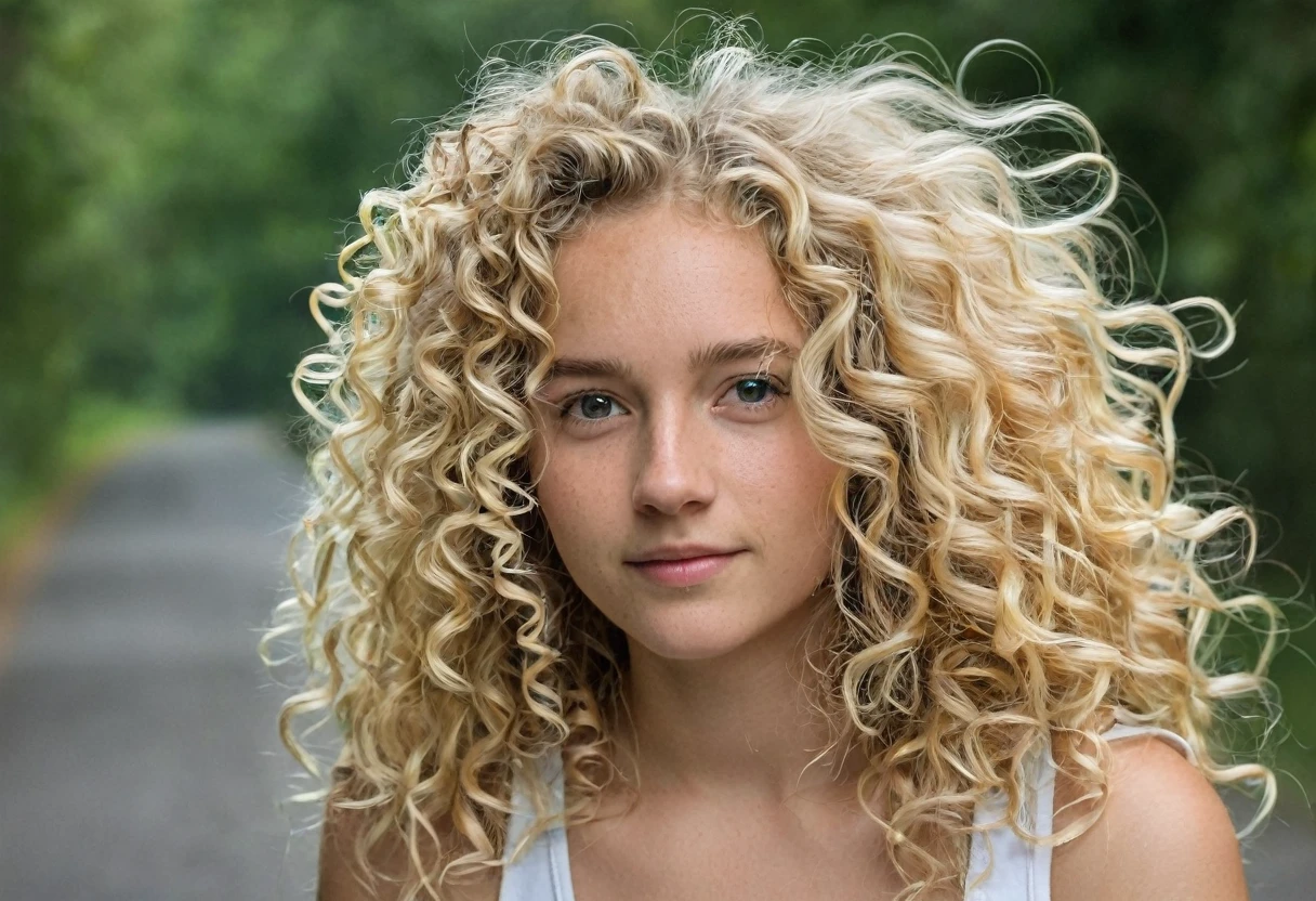 There is a young girl with curly hair and a white tank top, Coiling hair, long fluffy blonde curly hair, long fluffy curly blonde hair, very, very curly blonde hair, Disheveled blonde hair, blond curly hair, curly blonde hair | D & D, floting hair, Disheveled curly hair, Short curly-haired blonde girl, curly blond hair, Curly blonde