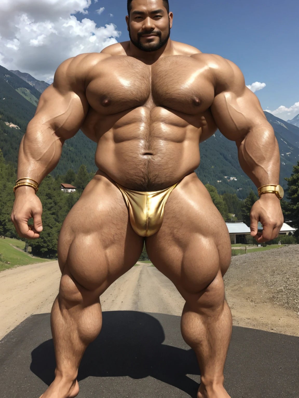 There is only one handsome Chinese man in the photo,35 years old,tall, Fitness,Smooth body,Smooth skin,No chest hair,short hair, O-Shaped Beard,Perfect body, Dark skin color,Radiant Skin,Smooth skin,Shiny, shiny skin,Smooth pectoral muscles,Muscle bulge, muscular, Very large pectoral muscles,Very sexy abdominal muscles,Very well-developed leg muscles,Huge concave and convex area,Brightens oily skin,Wearing a shiny gold leather thong,Handsome face,Normal human toes,Correct and accurate male body proportions,Gold Collar,Gold bracelet,Gold anklets,Standing in the Swiss landscape。