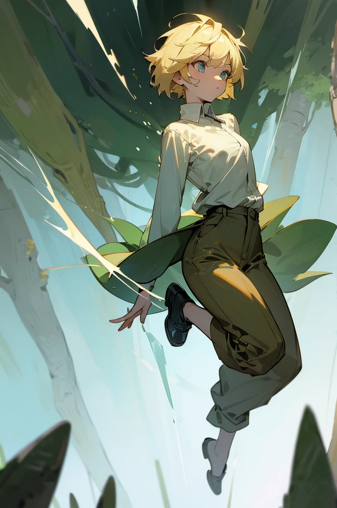 Blonde haired girl with short hair in the forest levitating full body from front with powers
