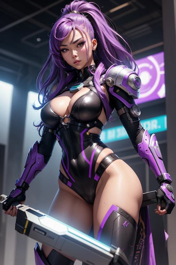 A beautiful, exuberant and very young cybernetic android warrior with black African and oriental Japanese and Chinese features, mixed with the clone of the Greek warrior goddess Athena, with super mega giant breasts, purple eyes, transformed into a super sensual and extremely muscular astronaut, fitness, fit bodybuilder and weightlifter, wearing very short, super radical punk style hair that is purple and very straight in locks, wearing cyberpunk battle clothes, fighting robot drones in a huge futuristic arena