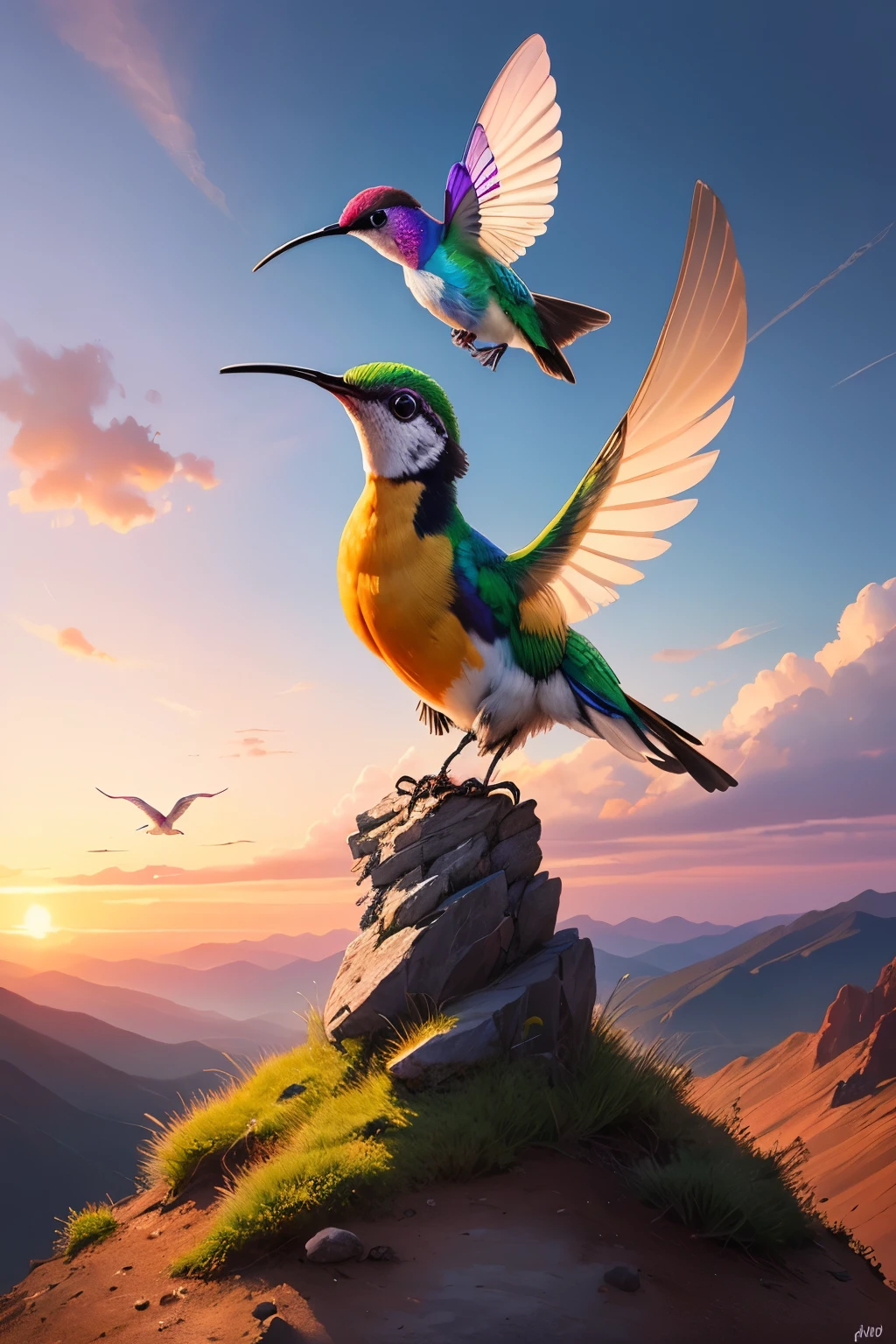 ((best qualityer)), ((work of art)), (detailded), strong hummingbird representing the Farid Company, Wearing golden armor, Standing on top of a mountain, Sky at dusk.