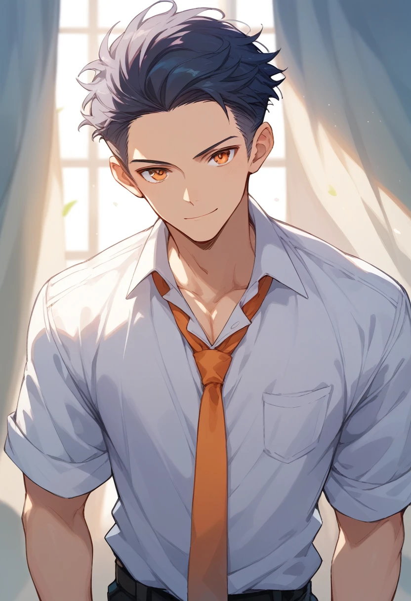 (score_9,score_8_up,score_7_up,score_6_up,score_5_up,score_4_up, source_anime), 8k, best quality, best lighting, BREAK, 1man, 23 yo, toned, male face, male eyes, male focus, navy hair, orange eyes, forehead, (smile: 0.7), dress shirt, necktie, wide shot, side parted hairstyle