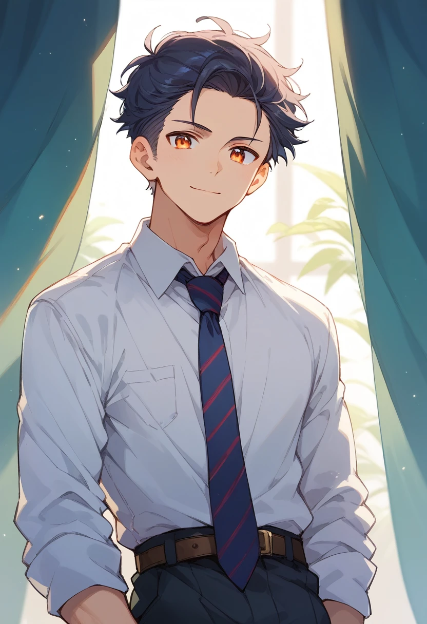 (score_9,score_8_up,score_7_up,score_6_up,score_5_up,score_4_up, source_anime), 8k, best quality, best lighting, BREAK, 1man, 23 yo, toned, male face, male eyes, male focus, navy hair, orange eyes, forehead, (smile: 0.7), dress shirt, necktie, wide shot, side parted hairstyle