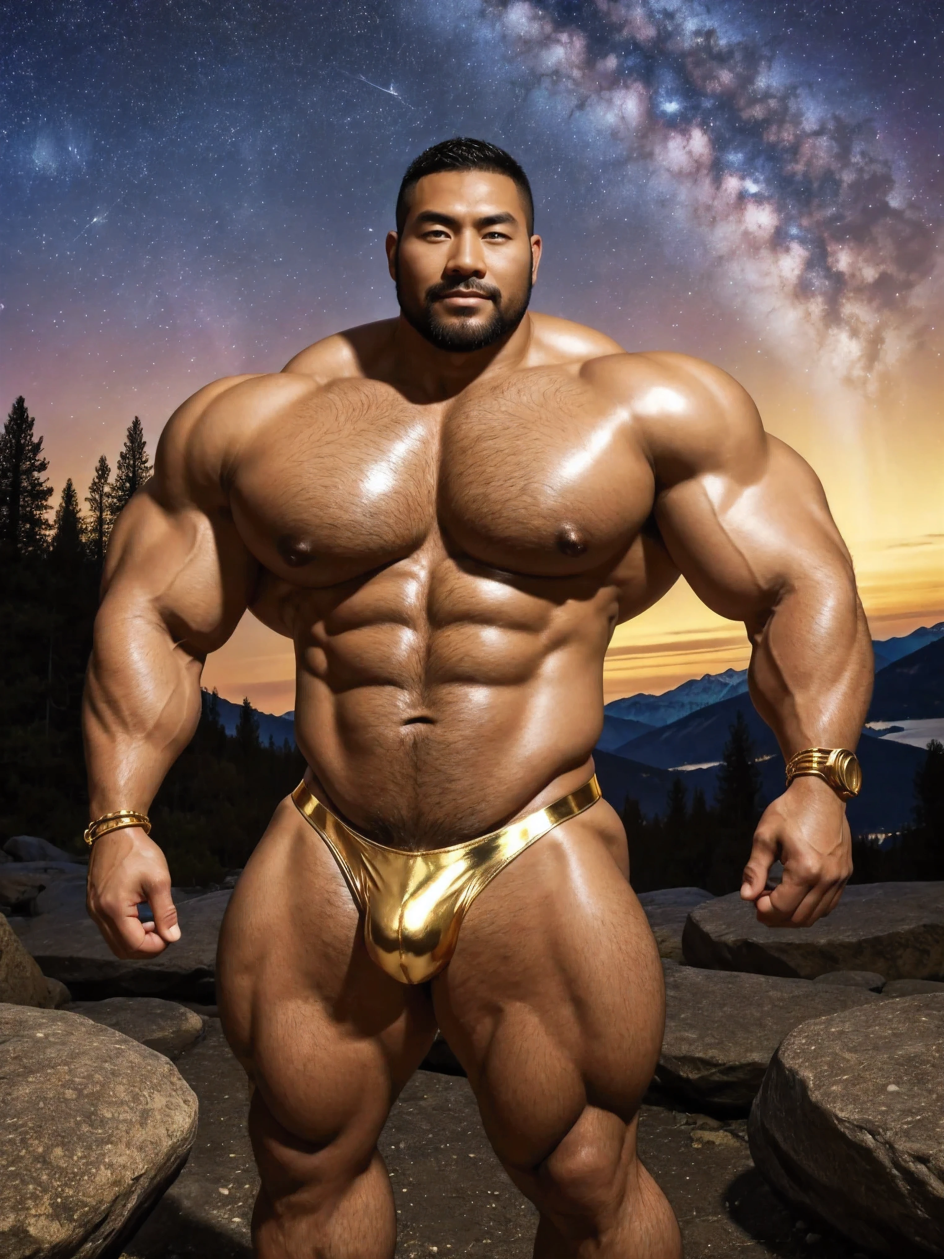 There is only one handsome Chinese man in the photo,35 years old,tall, Fitness,Smooth body,Smooth skin,No chest hair,short hair, O-Shaped Beard,Perfect body, Dark skin color,Radiant Skin,Smooth skin,Shiny, shiny skin,Smooth pectoral muscles,Muscle bulge, muscular, Very large pectoral muscles,Very y abdominal muscles,Very well-developed leg muscles,Huge concave and convex area,Brightens oily skin,Wearing a shiny gold leather thong,Handsome face,Normal human toes,Correct and accurate male body proportions,Gold Collar,Gold bracelet,Gold anklets,Standing in the Swiss landscape,Night sky,A sky full of stars,There are auroras,Colorful,Charming dream scene,Epic。