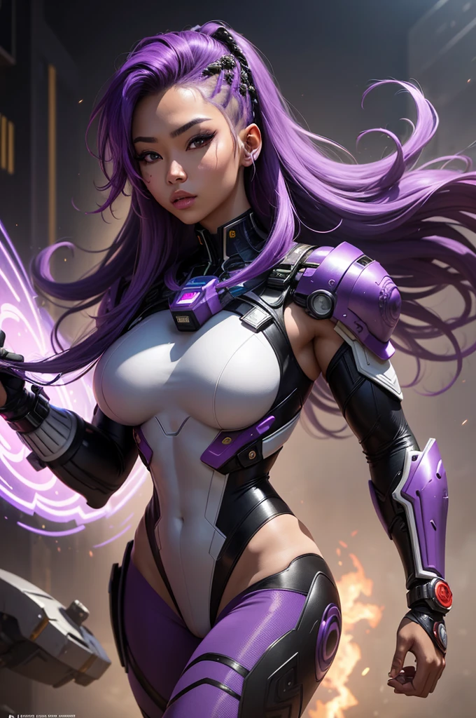 A beautiful, exuberant and very young cybernetic android warrior with black African and oriental Japanese and Chinese features, mixed with the clone of the Greek warrior goddess Athena, with super mega giant breasts, purple eyes, transformed into a super sensual and extremely muscular astronaut, fitness, fit bodybuilder and weightlifter, wearing very short, super radical punk style hair that is purple and very straight in locks, wearing cyberpunk battle clothes, fighting robot drones in a huge futuristic arena