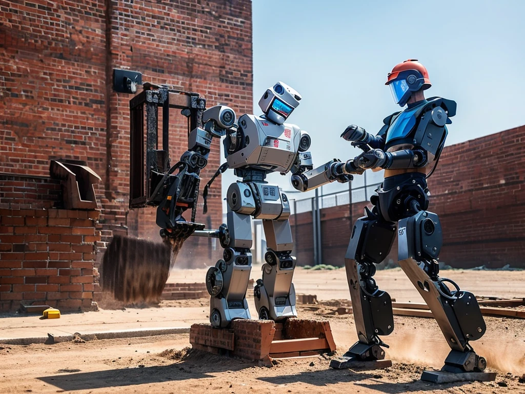 Create an image where a brick wall is being built by a steel-framed humanoid robot alongside humans, the robot should be depicted working as a bricklayer and the entire image should look as real as possible