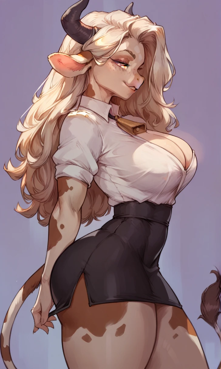 (solo) female anthro cow, long blond hair, cow, big breasts, attractive,secretary dress, fit body, cow tail,, thicc, freckles, freckles on face, smug eyes, (mad expression), she is standing look to the right, violet background, simple background, thick thighs (side view)
