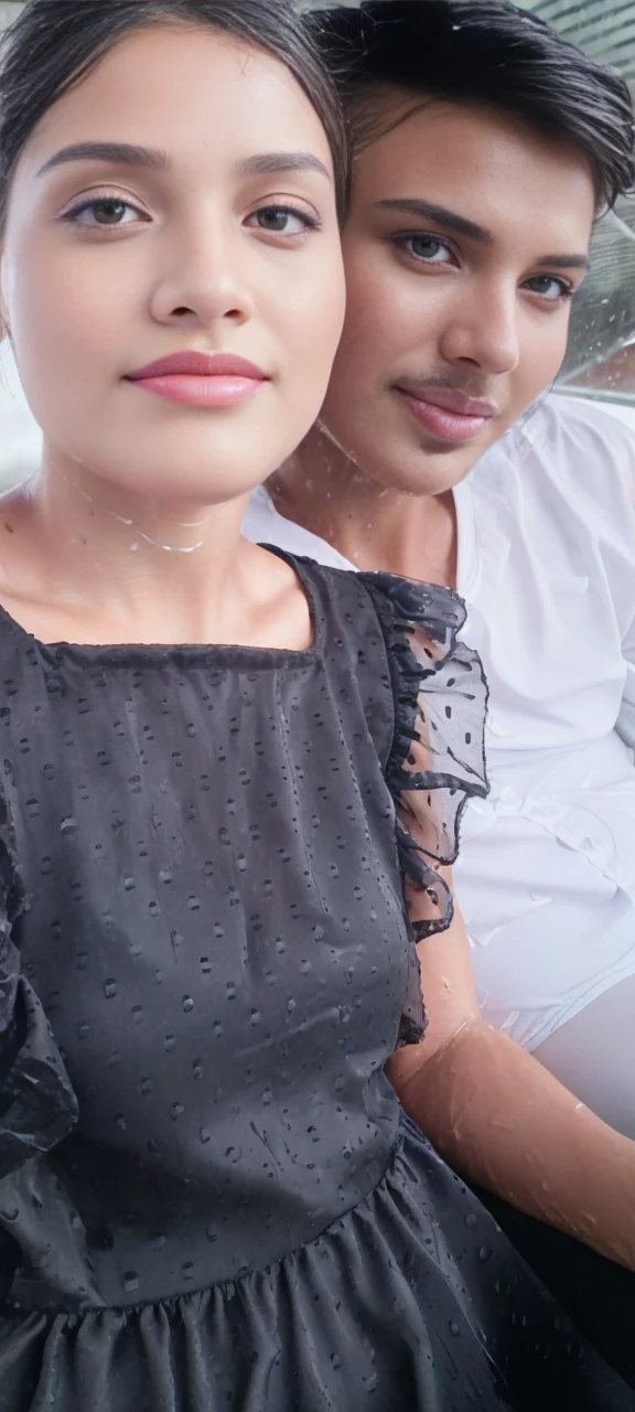 (Best quality, 4k, Masterpiece :1.3), pretty woman, 1girl, sexy :1.1, dark brown hair: 1.1, (rainy wet, wet from rain, wet body :1.2), white tank tops, ultra-detailed face, detailed lips, detailed eyes, double eyelid