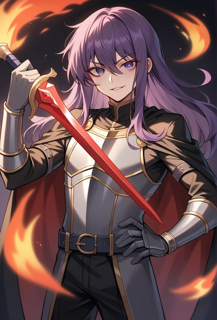 Best Quality, Masterpiece, ultra high resolution, a boy, solo, 1boy, with a dark bloody room in the background , smile, masterpiece, best quality, Cinematic, Fancy effects, Intricate details, shiny hair, shiny skin, detailed eyes, hd eyes, beautiful eyes, gothic, hair between eyes, layered clothes, looking at viewer, highly detailed eyes, dramatic lighting, dark magic background, shadow background, crimson background, smug face, eyelashes, long eyelashes,
1boy,
androgynous,
armor,
belt,
belt buckle,
black cape,
buckle,
cape,
cowboy shot,
fire,
gloves,
grey armor,
grey belt,
grey gloves,
hand on own hip,
holding,
holding sword,
holding weapon,
leather armor,
long hair,
long sleeves,
looking at viewer,
male focus,
night,
parted lips, shiny lips,
purple eyes,
purple hair,
shirt,
solo,
standing,
sword,
vambraces,
weapon,
white shirt,
wispy bangs, face focus, big eyes, yuri leclerc, hair above shoulders