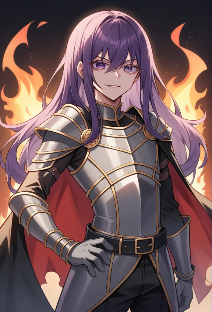 Best Quality, Masterpiece, ultra high resolution, a boy, solo, 1boy, with a dark bloody room in the background , smile, masterpiece, best quality, Cinematic, Fancy effects, Intricate details, shiny hair, shiny skin, detailed eyes, hd eyes, beautiful eyes, gothic, hair between eyes, layered clothes, looking at viewer, highly detailed eyes, dramatic lighting, dark magic background, shadow background, crimson background, smug face, eyelashes, long eyelashes,
1boy,
androgynous,
armor,
belt,
belt buckle,
black cape,
buckle,
cape,
cowboy shot,
fire,
gloves,
grey armor,
grey belt,
grey gloves,
hand on own hip,
holding,
holding sword,
holding weapon,
leather armor,
long hair,
long sleeves,
looking at viewer,
male focus,
night,
parted lips, shiny lips,
purple eyes,
purple hair,
shirt,
solo,
standing,
sword,
vambraces,
weapon,
white shirt,
wispy bangs, face focus, big eyes, yuri leclerc, hair above shoulders