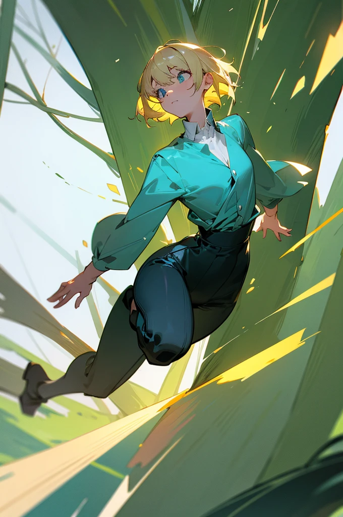 Blonde haired girl with short hair in the forest levitating full body from front with powers