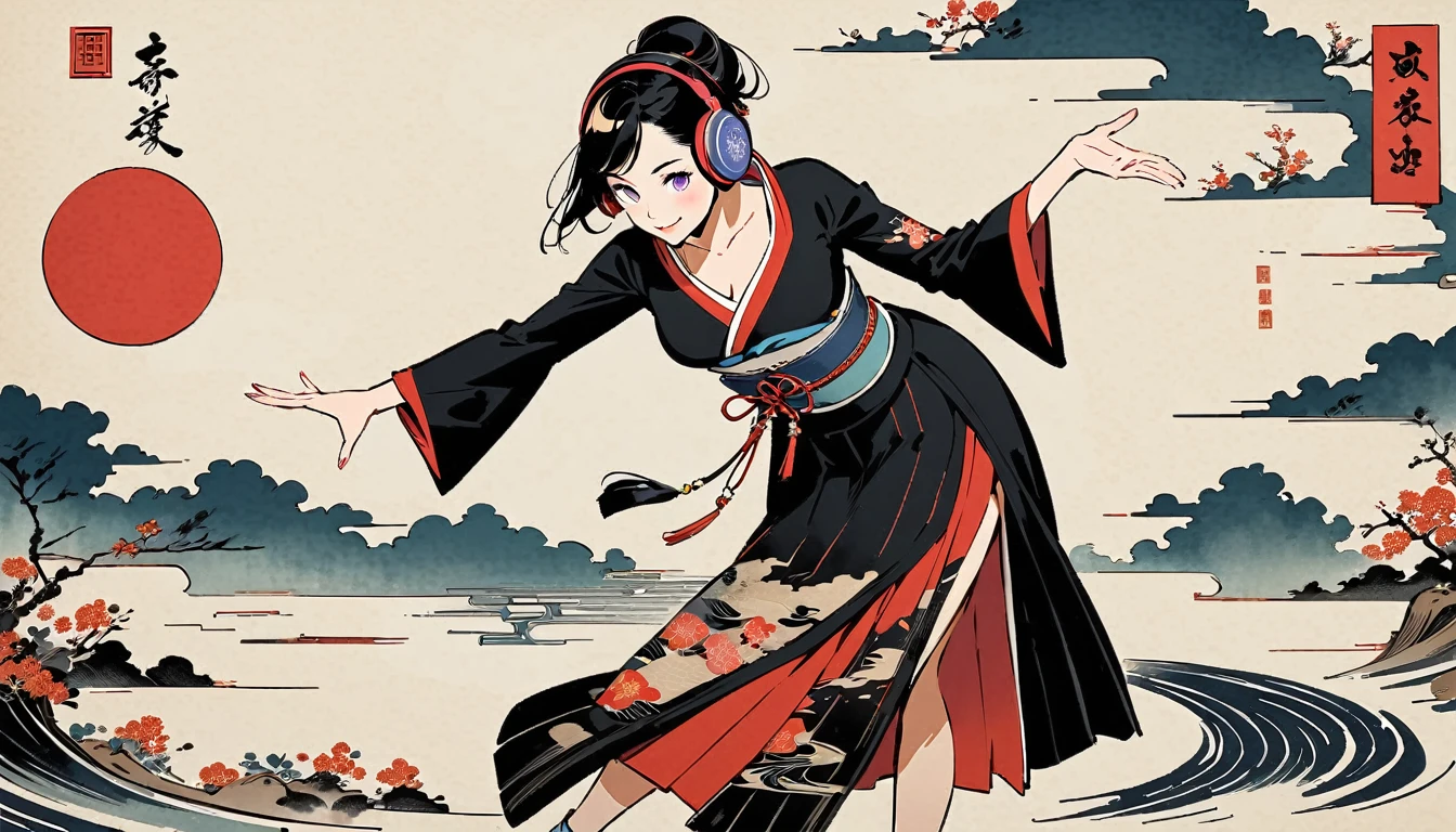 whole body, dance, Purple Eyes, Ink Painting, 1 girl, tattoo, Japanese style headphones, beautiful girl, Black Hair, smile, Delicate and precise, Modern ukiyo-e style, Multicolored background