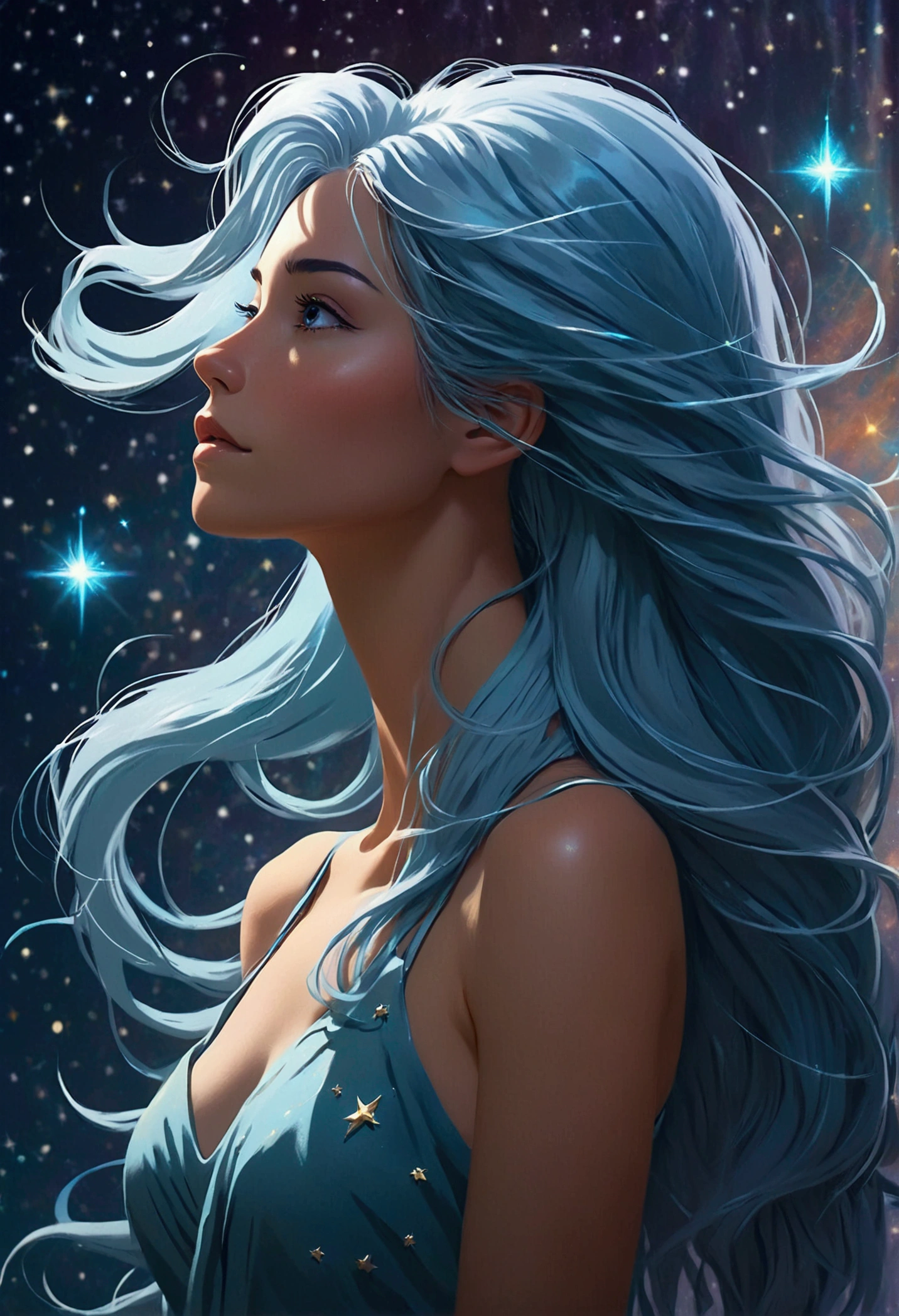 a ion woman with long messy straight light blue hair hair silhouette (stylized) composed by bright stars. Cosmic background