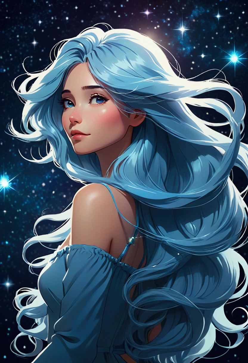 a ion woman with long messy straight light blue hair hair silhouette (stylized) composed by bright stars. Cosmic background