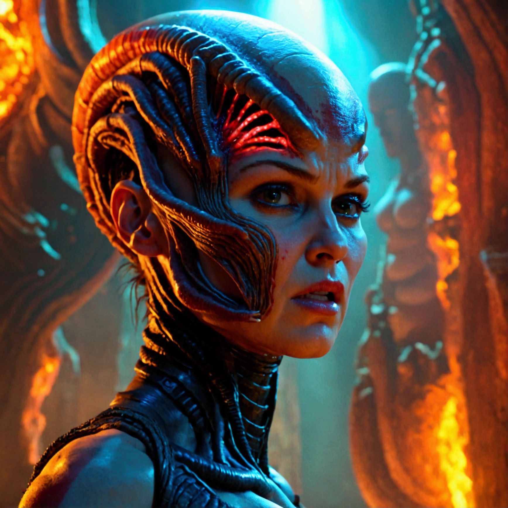 In a scene from the film "Alien" directed by Ridley Scott, "facehugger" attacks the main character of the video game "God of War" "Kratos". "Kratos" in high HD quality. Location "Nostromo". The scene was shot using photorealistic techniques and a 50mm lens., her (massive breasts:1.4) and (deep cleavage:1.2)