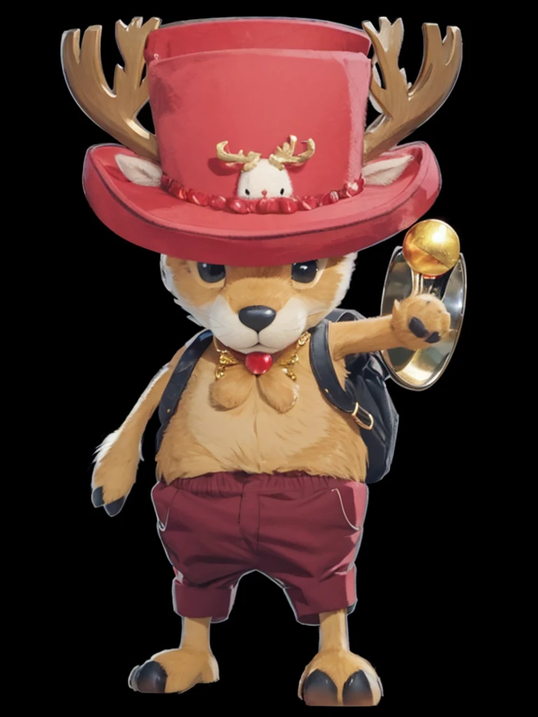 A cute reindeer, with horns, with a red top hat on his head, he is wearing red shorts, holding a golden ball in one paw