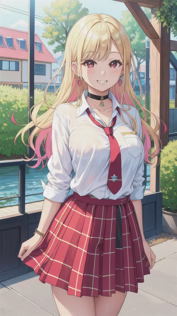 masterpiece, best quality, highres, kitagawa marin, 1girl, blonde hair, long hair, multicolored hair, red eyes, jewelry, earrings, piercing, , white shirt, tied shirt, black choker, blue necktie, plaid skirt, grin, smile, standing, cowboy shot, outdoors,