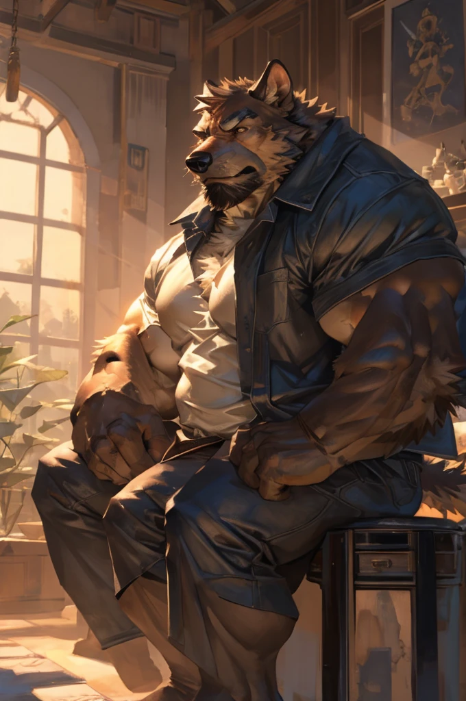 By Taran fiddler, one man, anthro, adult, mature male, middle-aged, canine, mutt, brown fur, dilf, wrinkled face, grumpy, furrowed eyebrows, rugged, muscular, legs crossed, talking, arms crossed, naked, wearing jockstrap, sitting on sofa, dark atmosphere, extreme detail, muted lighting, dynamic pose, distance away from viewer, establishing shot, no background, white background