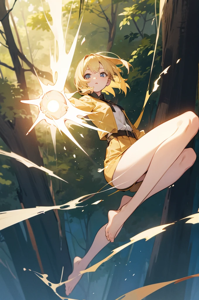 Blonde haired girl with short hair in the forest levitating full body from front with powers