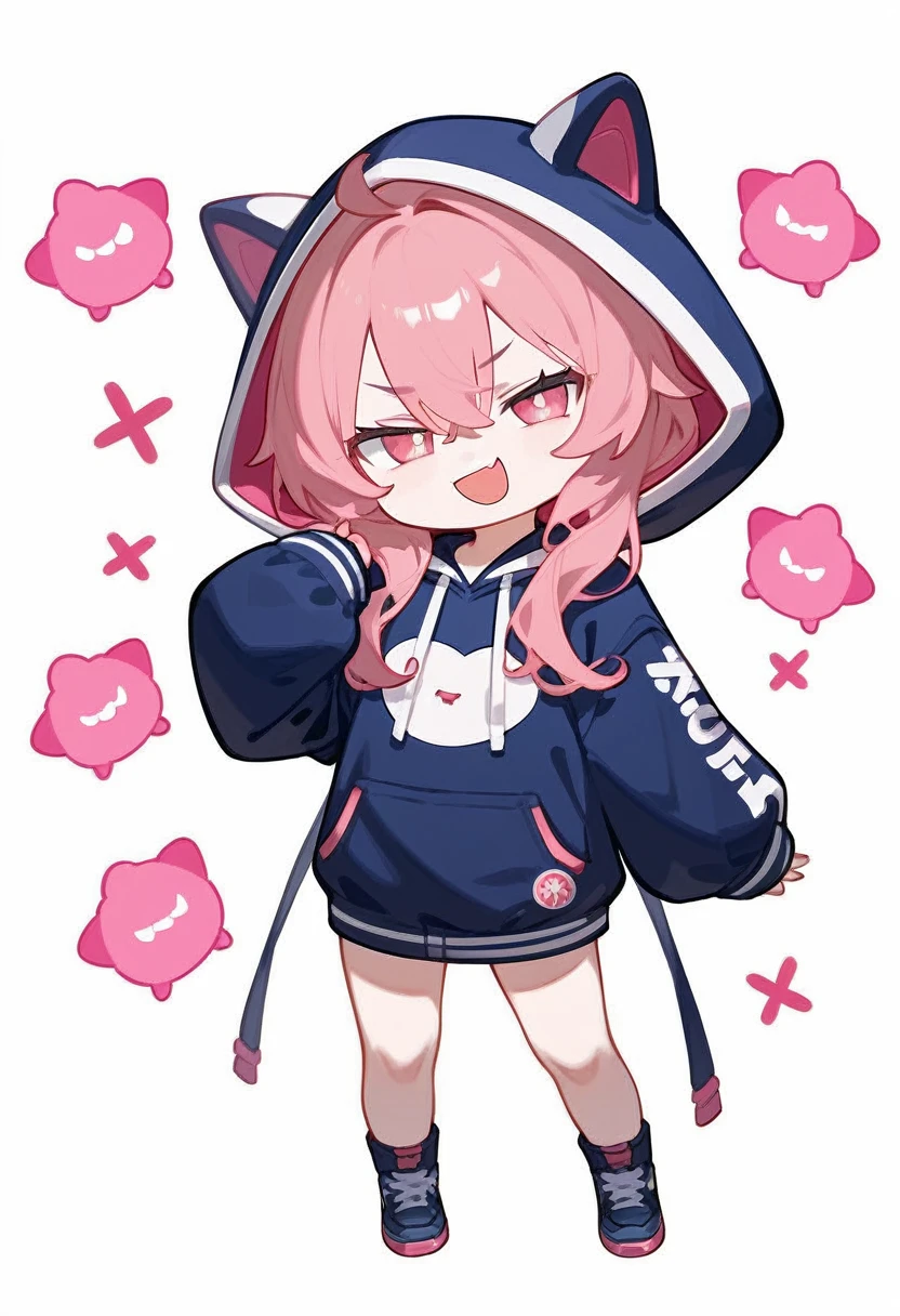 score_9,score_8_superior,score_7_superior,One girl,Pink Hair,alone,hood chibi,bangs,smug face,standing,full body,posing,Open your mouth,In-person audience,hoodie,Wearing a hood,Long sleeve,Hair between the eyes,Sleeves are longer than your fingers,white background,