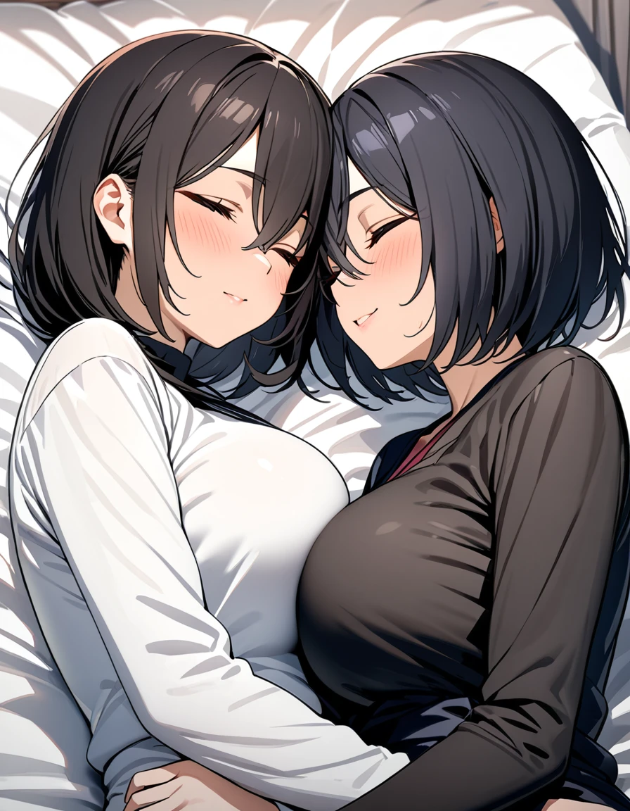 (Highest quality), (masterpiece), highly detailed, Ultra-high resolution, 2 ladies, Mature Woman, Mikasa and her daughter sleeping side by side, close together, On the left side of the bed, MikotoMikasa&#39;s daughter is sleeping without noticing while I insert my penis into her and have sex with her with her legs spread in a tight camisole. While I insert my penis into her, I rub the breasts of Mikasa&#39;s mother who is sleeping in a tiny camisole on the right side., whole body, Eyes that are uniform in shape, Sleeping with both eyes closed, Brown Hair, Short hair with the right side parted and the hair swept back, Short hair with the nape of the neck flipped outwards, Short side hair, She has a full head of pubic hair, Beautiful Vagina, White semen is spilling out from the gap between her vagina and my penis inserted in her vagina., A small cross-section of a uterus with a penis expelling semen in the background, Small Breasts,
