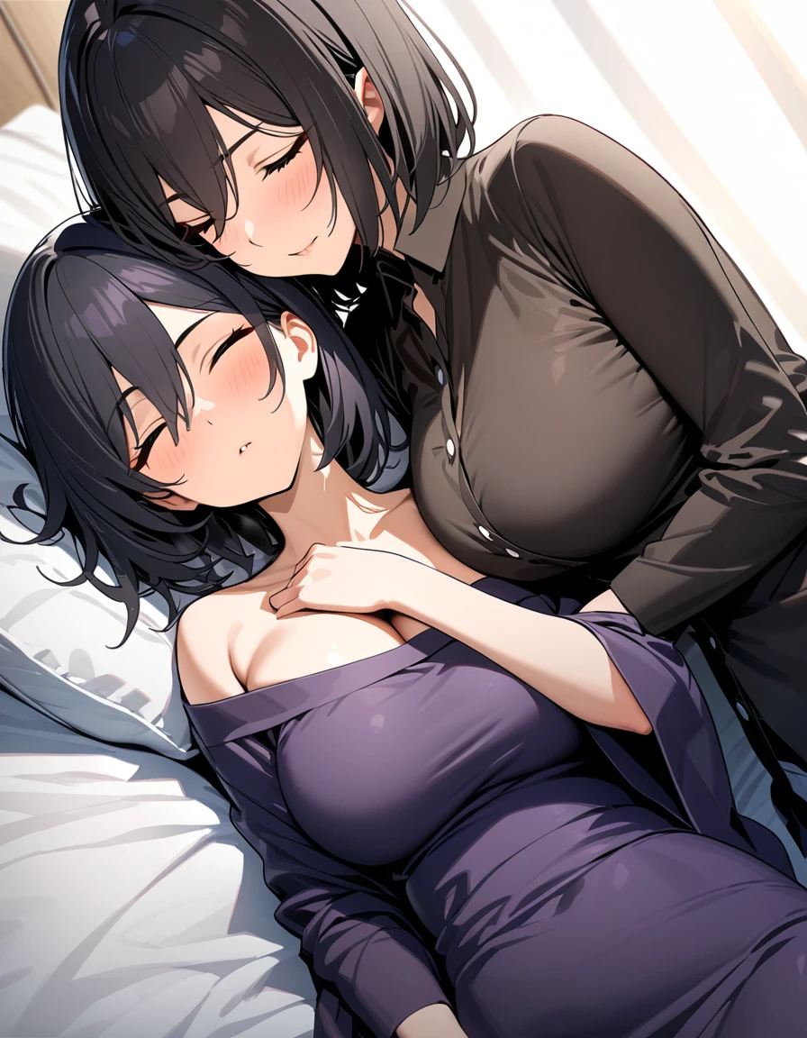 (Highest quality), (masterpiece), highly detailed, Ultra-high resolution, 2 ladies, Mature Woman, Mikasa and her daughter sleeping side by side, close together, On the left side of the bed, MikotoMikasa's daughter is sleeping without noticing while I insert my penis into her and have sex with her with her legs spread in a tight camisole. While I insert my penis into her, I rub the breasts of Mikasa's mother who is sleeping in a tiny camisole on the right side., whole body, Eyes that are uniform in shape, Sleeping with both eyes closed, Brown Hair, Short hair with the right side parted and the hair swept back, Short hair with the nape of the neck flipped outwards, Short side hair, She has a full head of pubic hair, Beautiful Vagina, White semen is spilling out from the gap between her vagina and my penis inserted in her vagina., A small cross-section of a uterus with a penis expelling semen in the background, Small Breasts,