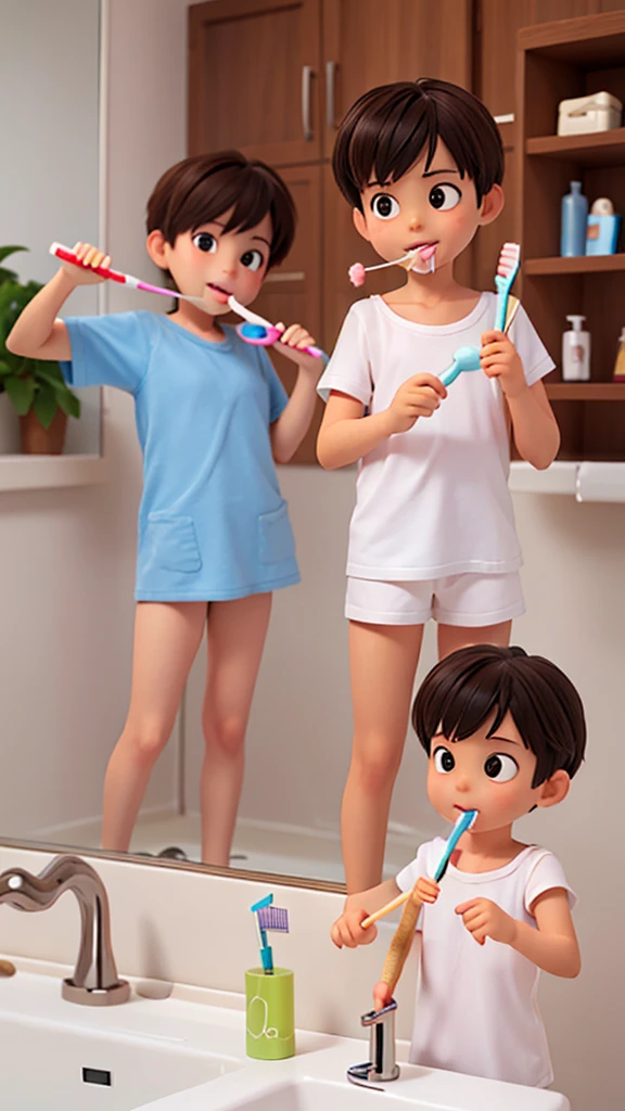 Children brushing teeth in the bathroom, ((realistic toothbrushes))