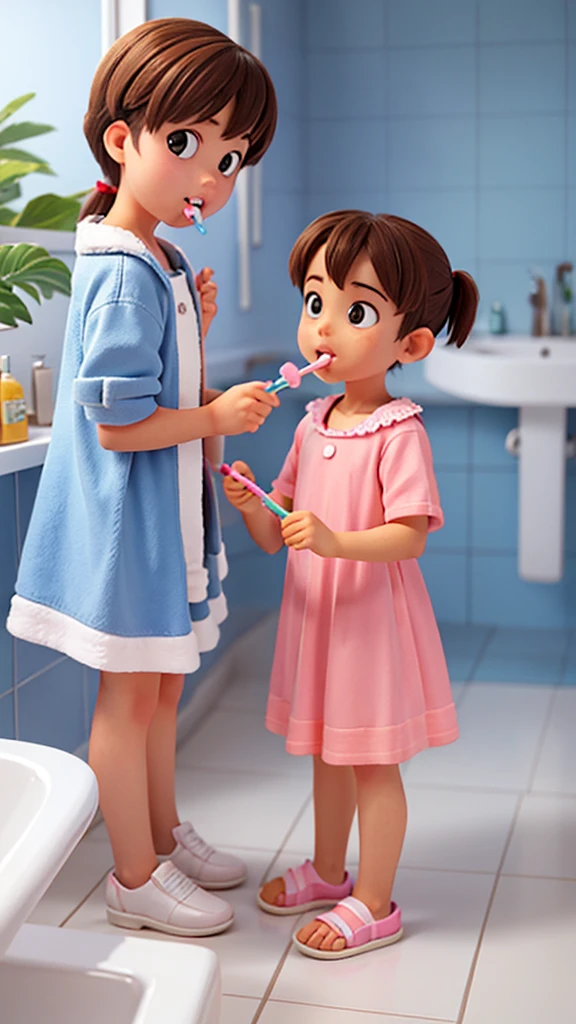 Children brushing teeth in the bathroom, ((realistic toothbrushes))
