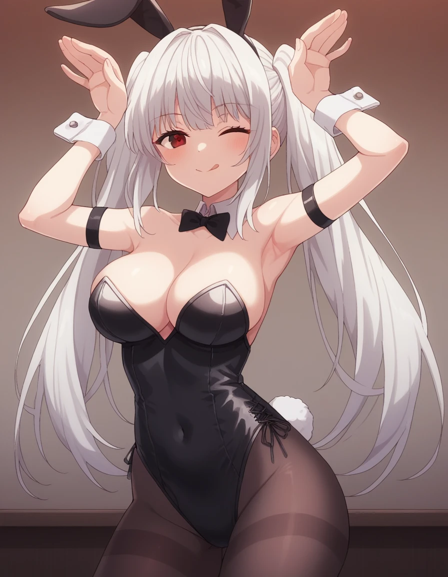 1girl, solo, long hair, breasts, looking at viewer, white hair, ponytails, blush, smile, bangs, large breasts, heterochromia, red eyes, blue eyes, bow, animal ears, cleavage, bare shoulders, ponytail, white hair, pantyhose, one eye closed, tongue, tongue out, bowtie, armpits, rabbit ears, arms up, leotard, wrist cuffs, black pantyhose, covered navel, detached collar, fake animal ears, playboy bunny, black leotard, arm strap, ;q, bunny pose