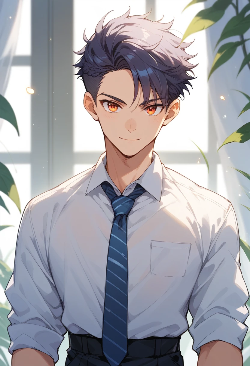 (score_9,score_8_up,score_7_up,score_6_up,score_5_up,score_4_up, source_anime), 8k, best quality, best lighting, BREAK, 1man, 27 yo, toned, male face, male eyes, male focus, navy hair, orange eyes, (smile: 0.7), dress shirt, necktie, wide shot, side parted hairstyle