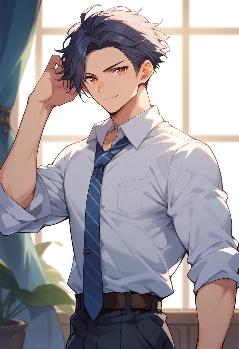 (score_9,score_8_up,score_7_up,score_6_up,score_5_up,score_4_up, source_anime), 8k, best quality, best lighting, BREAK, 1man, 27 yo, toned, male face, male eyes, male focus, navy hair, orange eyes, (smile: 0.7), dress shirt, necktie, wide shot, side parted hairstyle